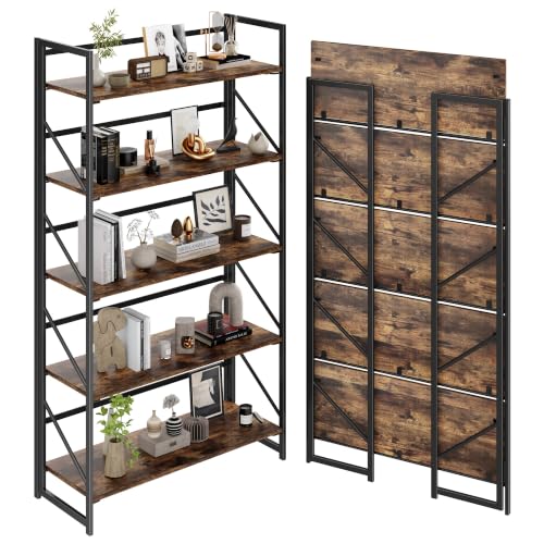 Image of JSB 5 Tier No Assembly Folding Bookshelf, 30.7 inch Wide Foldable Storage Bookcase for Home Office, Space-Saving Storage Shelf for Living Room