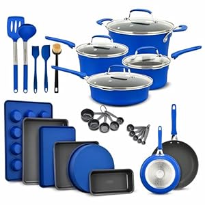 BAKKEN Swiss Kochgeschirr-Set – 23-teilig – blaue Multi-Size-Kochtöpfe mit Deckel, Bratpfannen und Backformen – verstärktes gepresstes Aluminiummetall – geeignet für Gas, Elektro, Keramik und