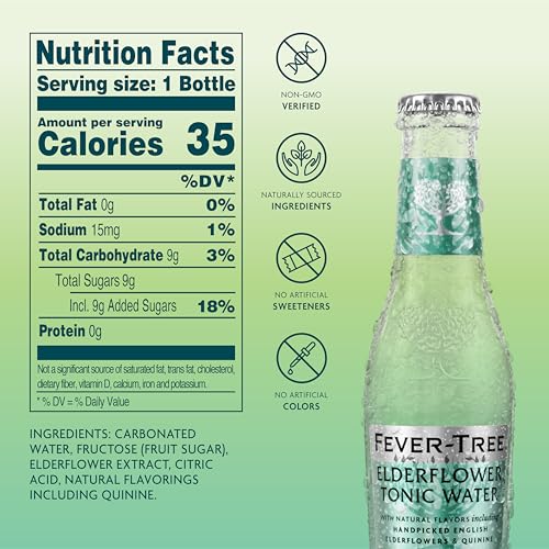 Image of Fever-Tree Elderflower Tonic Water - Premium Mixer for Cocktails and Mocktails, 6.8 fl oz Bottles, Pack of 24 - Naturally Sourced, Non-GMO