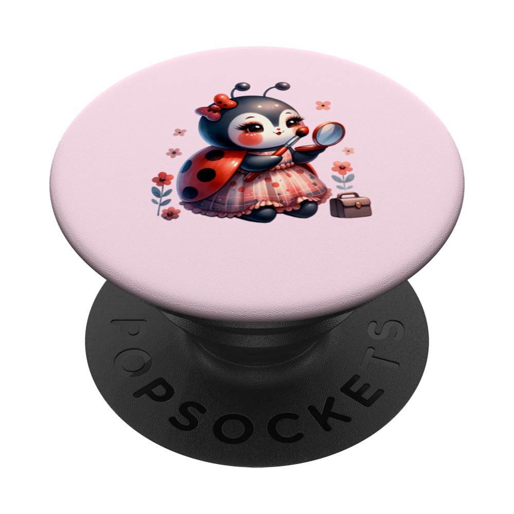 Cute Cartoon Ladybug doing Makeup On a Pink Background. PopSockets Standard PopGrip