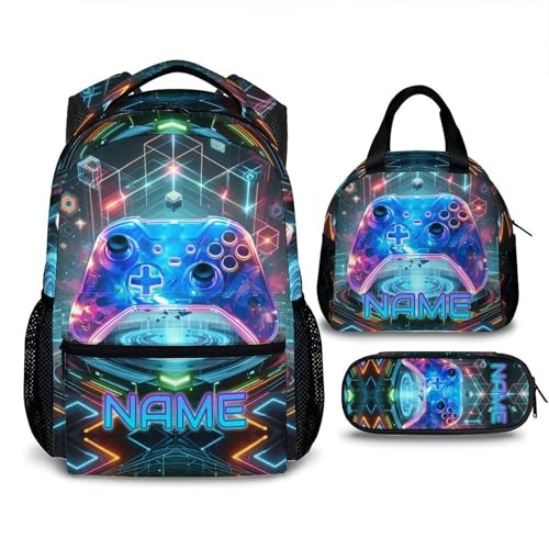 School Backpack for Kids, Custom Set of 3 Gaming Backpacks with Lunch Box and Pencil Case Gifts for Gamer Lovers, School Bookbag and Pencil Case Bundle for Kindergarten Preschool Primary