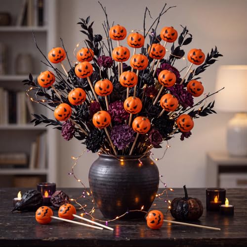 Soulchen 24 Pcs Halloween Spooky Pumpkin Centerpieces Set | 2.05" Pumpkins with 7.87" Sticks, Halloween Party Floral Arrangements, Indoor Scary Decor Gothic Table Centerpiece