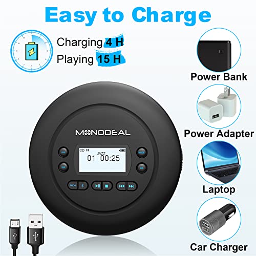 MONODEAL Tragbarer CD Player Bluetooth, Wiederaufladbar Discman für Auto und Kinder, Anti-Skip, klein mit Kopfhörer