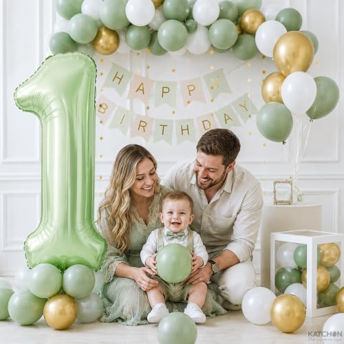 Image of KatchOn Sage Green Number 1 Balloon for 1st Birthday Decorations - 40 Inch