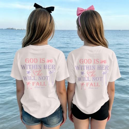 Image of Girls Christian Tees God is Within Her Jesus Shirt for Kids Faith Cute Graphic Bow Tshirt Inspirational Religious Top