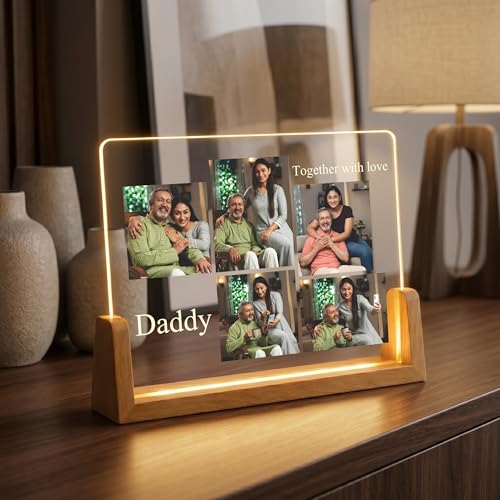 Image of Giftplease Personalized Daddy Together with Love Acrylic LED Photo Frame with Wooden Base | Customized Multi-Photo Lamp for Father's Day, Birthday | Warm Glow Night Light