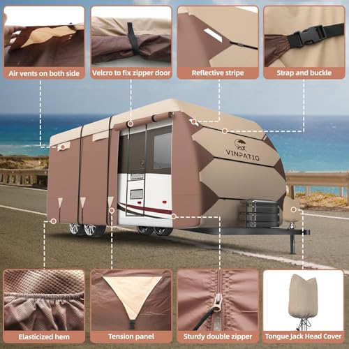 Image of VINPATIO RV Cover, Oxford Fabric Travel Trailer Cover, Toy Hauler Cover Fits 35'-38' RV Heavy Duty 600D Ripstop Anti-UV Waterproof Windproof Camper Cover with Tongue Jack Cover, Extra Ropes