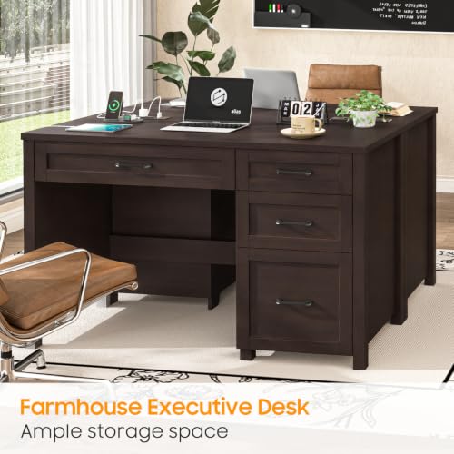 Image of Farmhouse 47 inch Executive Desk with 4 Drawers, Computer Desk with File Drawer and Charging Station, Workstation for Study,Home Office(Walnut