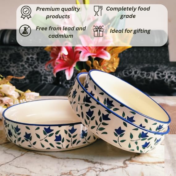 Image of Niyara Stoneware Handmade Ceramic Stylish Premium Serving Bowls /Salad Tray Microwave Dishwasher Safe (Blue Leaf Set of 3)