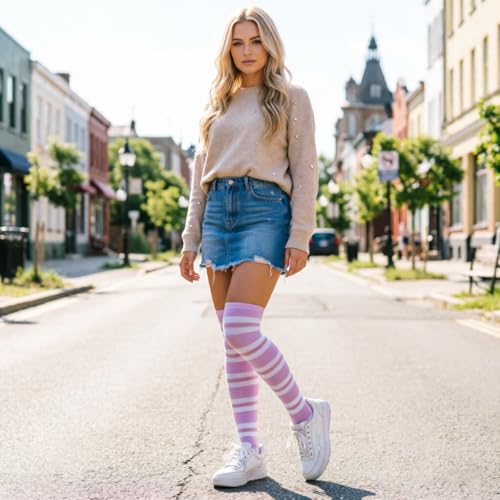 Image of DRESHOW 3 Pairs Thigh High Socks Striped Over Knee Thin Tights Long Stocking Knee High Leg Warmer
