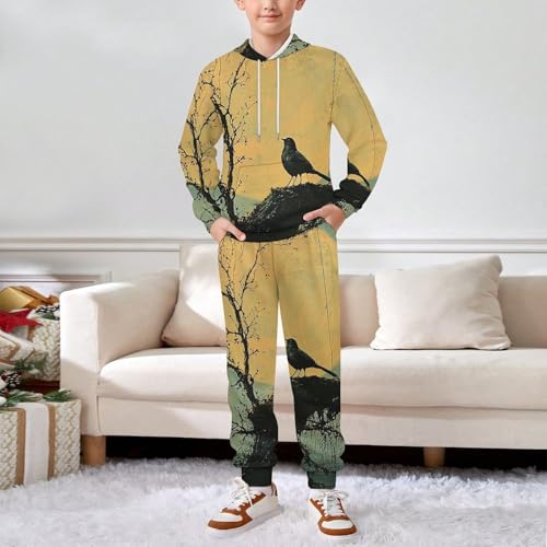 Boys Girls Hoodie Pants Hooded Sweatshirt Sweatpant 2 Piece Clothing Set, Blue Moon Bird Vintage3