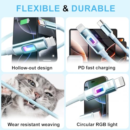 Image of Verilux PD 30W Type C to Lighting Cable with Breathing Light, 5.9Ft /1.8M Lighting Cable Nylon Braid with 480Mbps Data Sync for iPhone 14 /13 /12 /11 Pro Max X XS XR 8 /7 /6s Plus SE, Blue