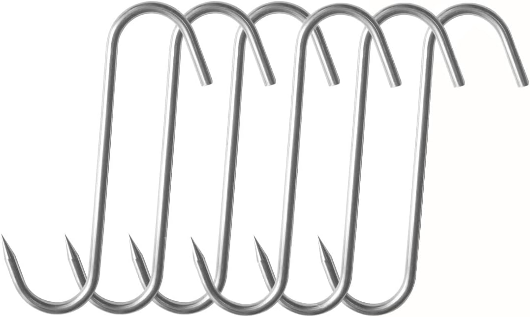 7.5" Meat Hooks S-Hook Stainless Steel Meat Processing Butcher Hook Pot Racks S Hook Meat Hangers for Bacon Sausage Smokers - 6 Pack