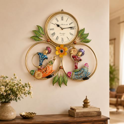 Image of SETHI AESTHETIC Metal Wall Clock with Decorative Traditional Rajasthani Musician Men, 46x46 cm, Living Room Decor with Floral Accents| Fancy Clock for Living Room or Drawing Room|