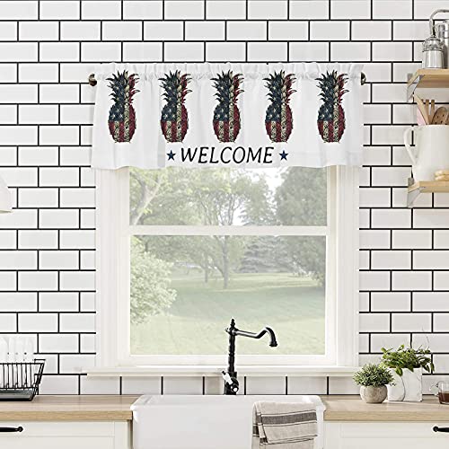 Rod Pocket Valance Curtain 54X18 Inch, Welcome American Flag Theme Pineapple Window Treatment Tiers For Kitchen Short Window Curtain Valance For Kitchen Bedroom Bathroom Living Room #TOP3