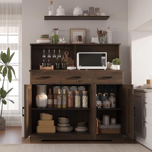 GarveeHome Farmhouse Sideboard Buffet with Microwave Stand, Barn Doors Buffet Storage Cabinet with Drawers and Shelves, Wood Coffee Bar Cabinet for Kitchen, Dining Room, Living Room, Brown