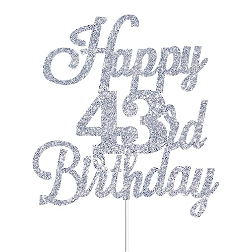 Happy 43rd Birthday Cake Toppers Silver Glitter, Cheers to 43 Years Old Bday Decoration 43rd Anniversary Cake Topper, Forty-three Theme Cake Decorations for Birthday Anniversary Party