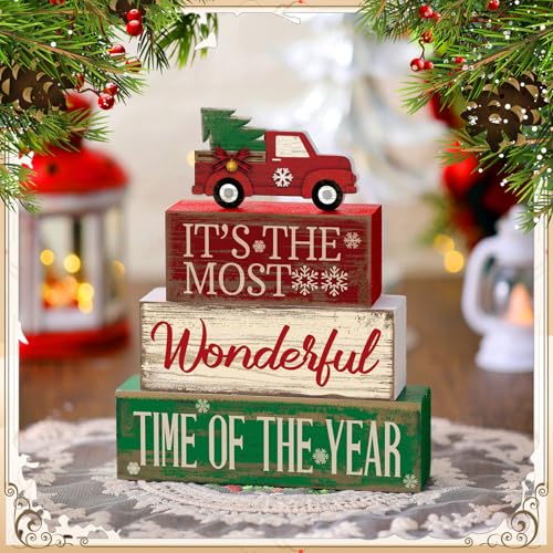 Image of Moucuny 4 Pcs Christmas Decor Wooden Red Truck Winter Tiered Tray Decor Rustic Merry Christmas Table Centerpiece Wood Red Truck Block Sign Gift Farmhouse for Home Kitchen Tabletop Office Shelf
