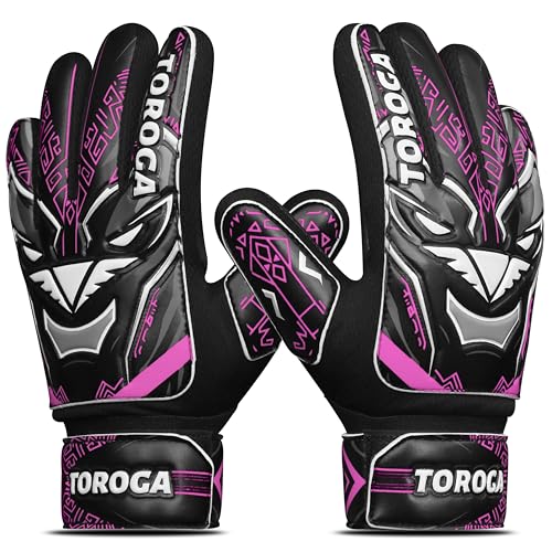 TOROGA Gants de gardien de but de football pour garçons, enfants et jeunes – Gants de gardien de but de football avec paume rembourrée en latex de 4 mm – Gants de gardien de but super adhérents (rose