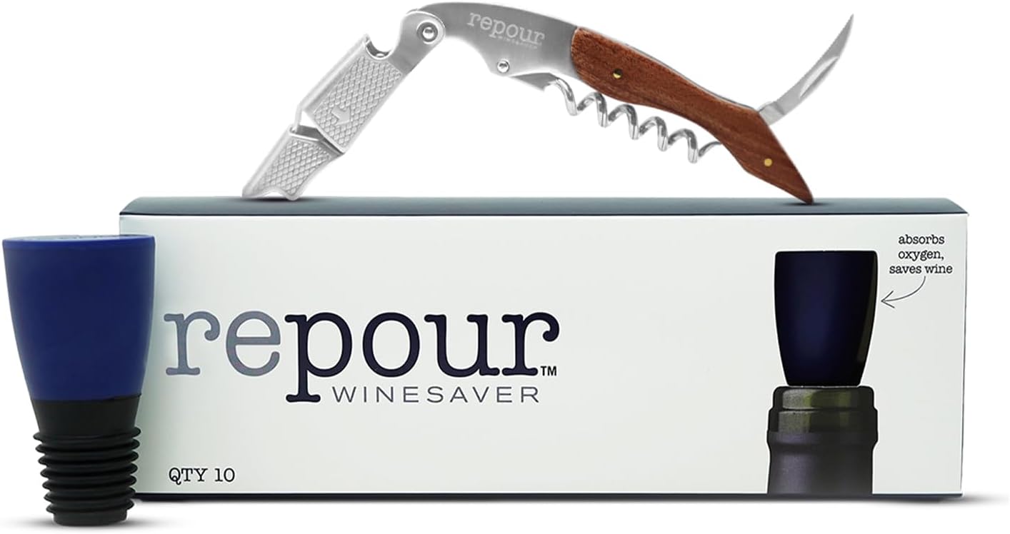 Repour Wine Essentials Combo Pack – Premium Corkscrew & Wine Saver | Manual Wine Key Removes Corks Easily, Wine Stopper Preserves Wine Easily|Perfect for Wine Lovers and Enthusiasts (Rosewood 10 Pack)