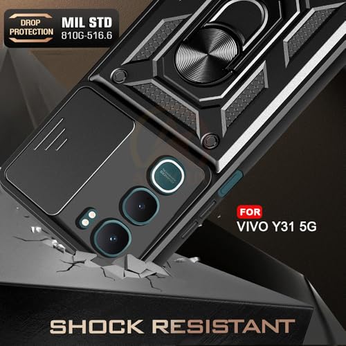 Image of Armor Bumper Back Cover Case for Vivo Y31 5G Rotating Camera Cover, Ring Holder & Kickstand | Heavy Duty & 360 Degree Protection Vivo Y31 5G Back Cover (Black)