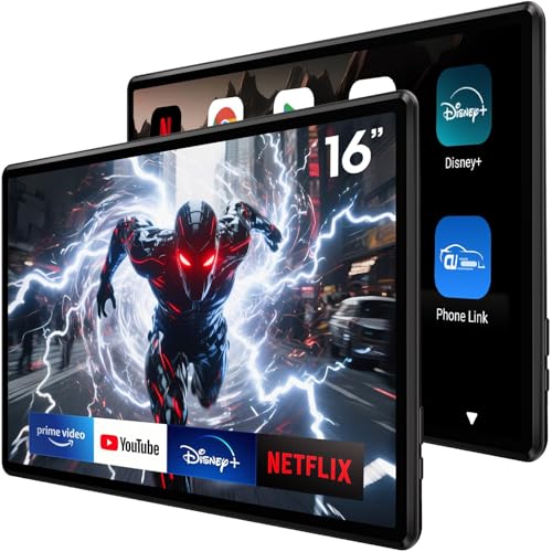 Image of 16 inch Car TV Headrest Monitor for Cars Back seat Universal Rear Entertainment System, Support Phone Wireless Mirror Link Touch Screen 4K,with WiFi /Bluetooth /HDMI /USB /Video Player (4G+64G(Pair))
