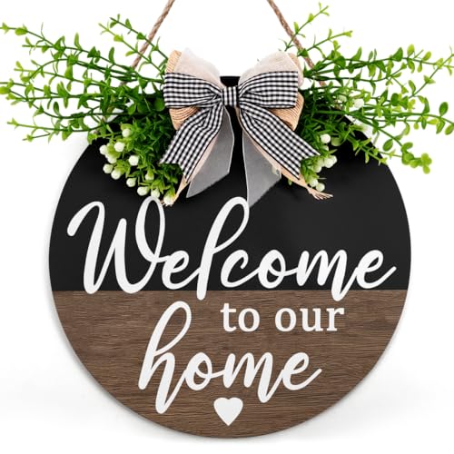 Image of ADIKJXQH Welcome Home Sign Wreath Round Rustic Wood Plaque 12 x 12 Inches Farmhouse Wall Art