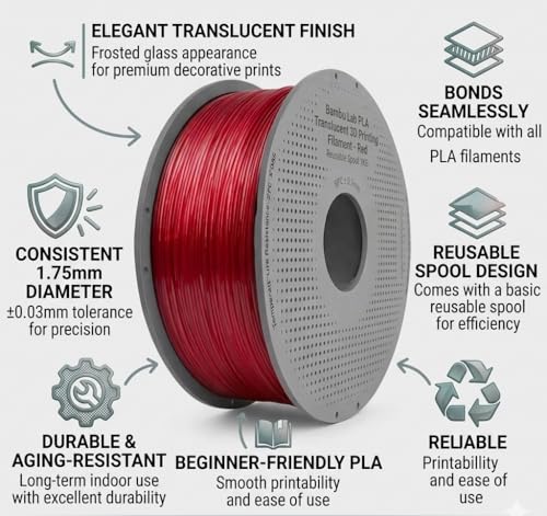 Image of 3IDEA Bambu Lab PLA Translucent 3D Printing Filament - Red, Reusable Spool 1KG