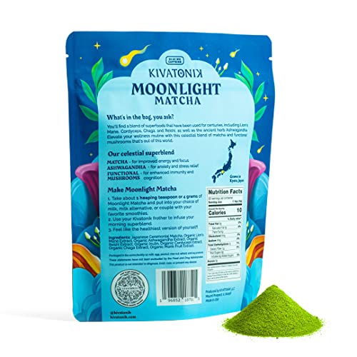 Kivatonik Moonlight Matcha | Organic Functional Mushrooms And Adaptogens | Lion’s Mane, Cordyceps, Chaga, And Reishi | Ashwagandha | 32 Servings (Lightly Sweetened W/ Monkfruit) #TOP5