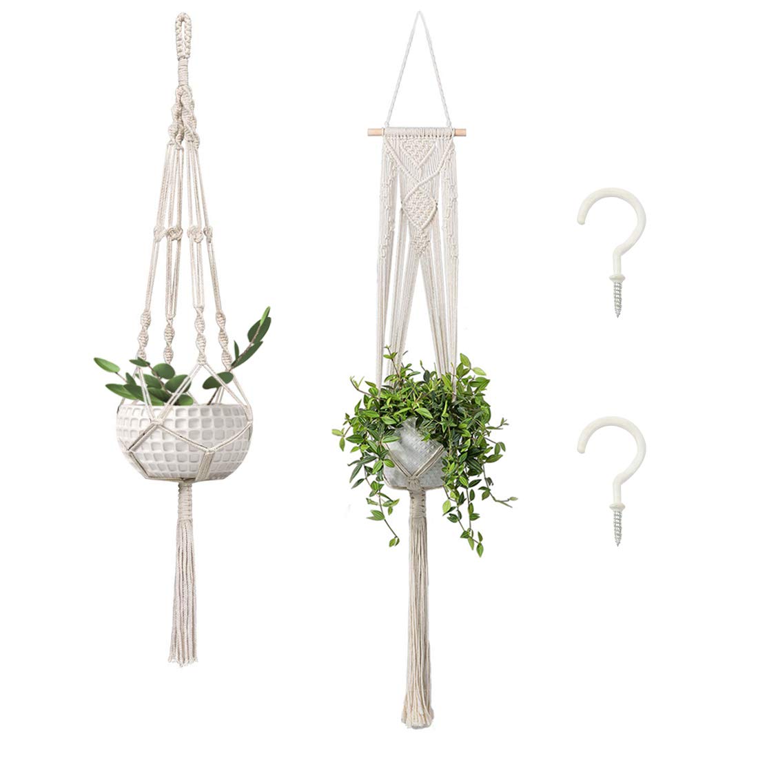GROWNEER 2 Packs Macrame Plant Hangers with 2 Hooks, Handmade Cotton Rope Hanging Planters Set Flower Pots Holder Stand, for Indoor Outdoor Boho Home Decor