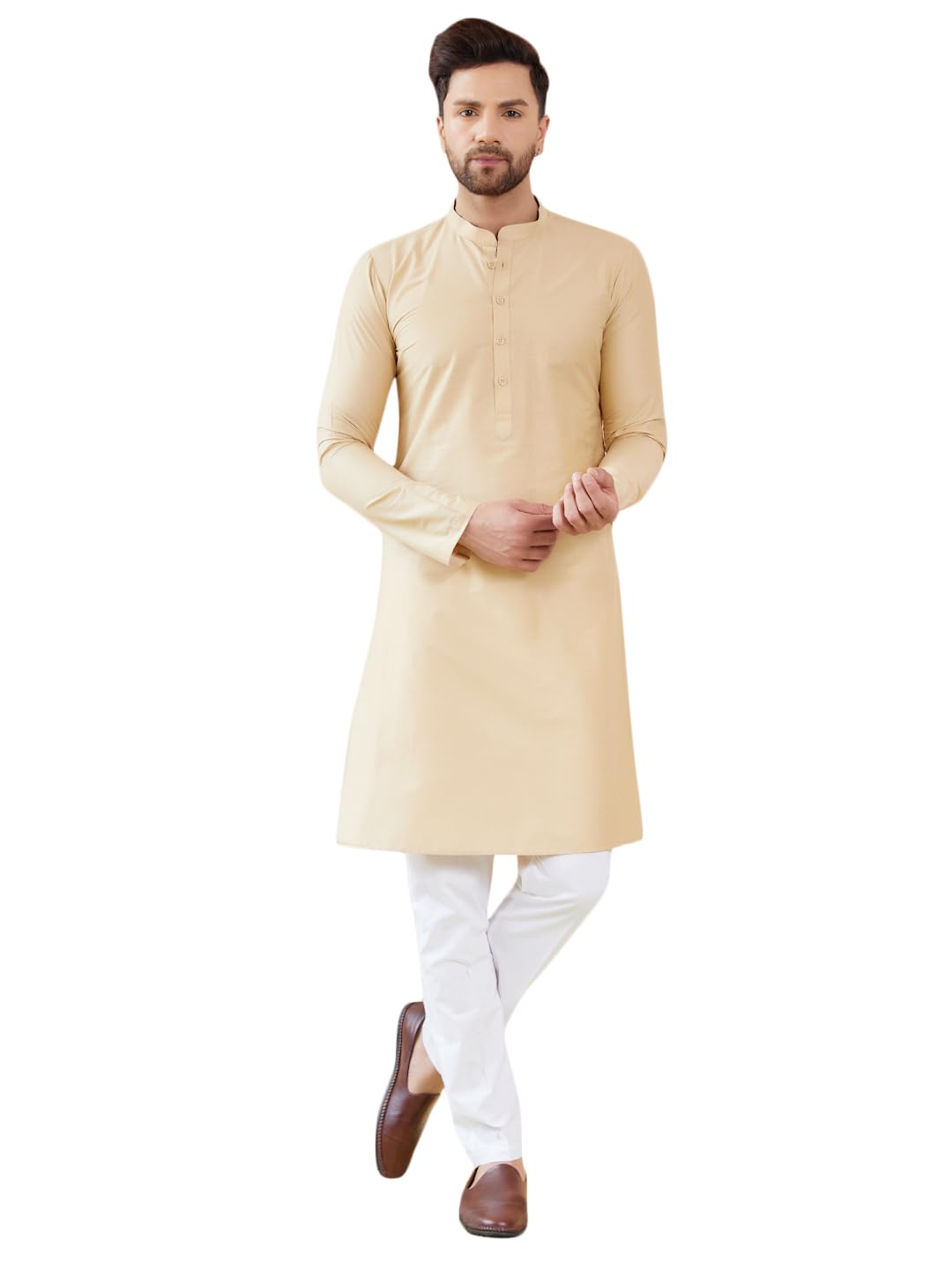 See Designs Men Full Sleeve Side Slit Cream Cotton Solid Straight Mandarin Collar Kurta - Sdkt2412Xs