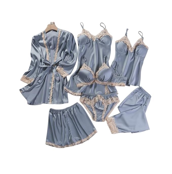Image of Valentine's Day Fancy Night Suit Robe Dress & Bra Penty Set Combo for Women's Pack of 7 Pcs Nightwear Lingerie Grey Silk Nightwear Wedding Dress Lace Nightsuit Set (Free Size)
