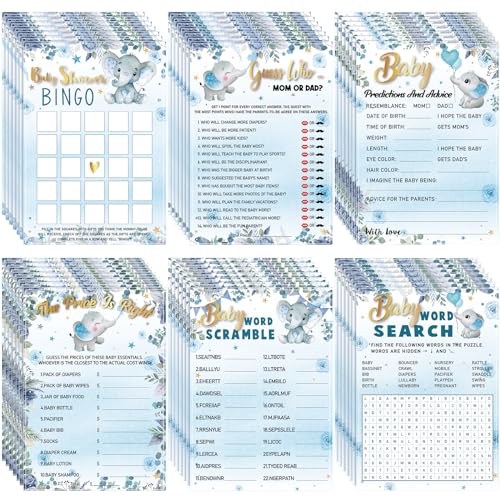 Image of Jetec 302 Pcs Blue Elephant Theme Baby Shower Games, 6 Games, 50 Sheets Each, Include Baby Shower, Word Scramble, Word Search, Predictions and Advice, The Price is Right