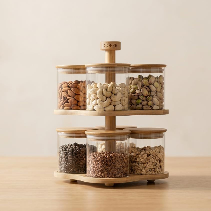 Image of Rotating 2-Tier Borosilicate Glass Spice Jar Set of 8 | 370ml Each | Airtight Lids | Revolving Stand | Masala Storage for Indian Kitchen | Lead-Free