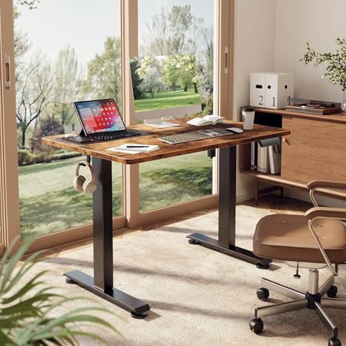 Image of Veken 39.4 inch Small Electric Standing Desk, Height Adjustable Sit Stand Up, Wood Desktop, Work Home Office Computer PC Desks, Writing Study Bedroom Rising Table, Brown