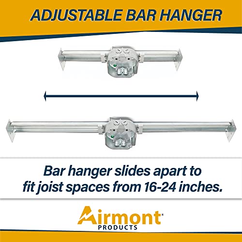Airmont Products Ceiling Fan Mounting Bracket with Adjustable Bar Hanger, 1-1/2'' Deep, 2 NMSC Clamps, 2 1/2'' Knockouts, Fits 16-24 Inch Joist Spaces, Ground Screw, Electrical Box for Light Fixtures - Thumbnail 2