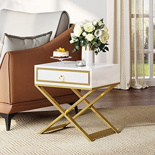 DWVO Modern White Nightstand with Drawer Solid Wood Small Bedside Table Gold Metal Frame Fully Assembled End Table for Living Room Bedroom