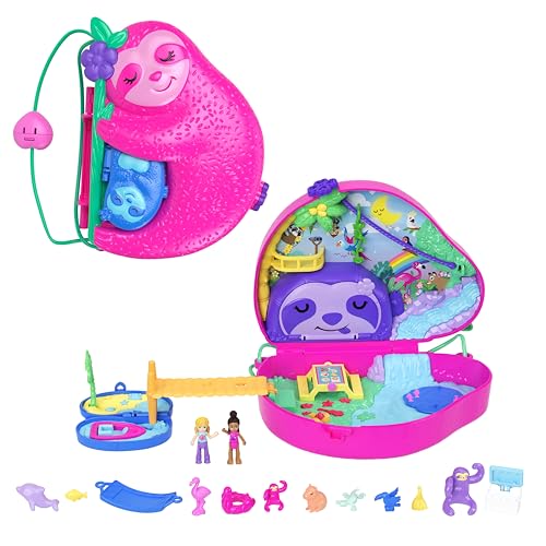 Polly Pocket Faultierfamilie 2-in-1 Taschenschatulle - Tropisches Abenteuer mit 12 Accessoires, Dschungelspielbereiche und versteckter Strand, für Kinder ab 4 Jahren, HRD40