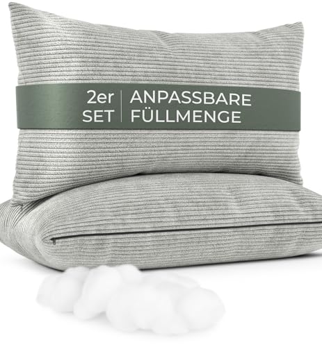 Sofakissen mit Füllung und Bezug 2er Set [extra bauschig] Cord Couchkissen groß 40x70 cm mit regulierbarer Dicke, Zierkissen Kord Bezug, Dekokissen für Sofa und Couch, hellgrau, Kordsamt Kissenbezug