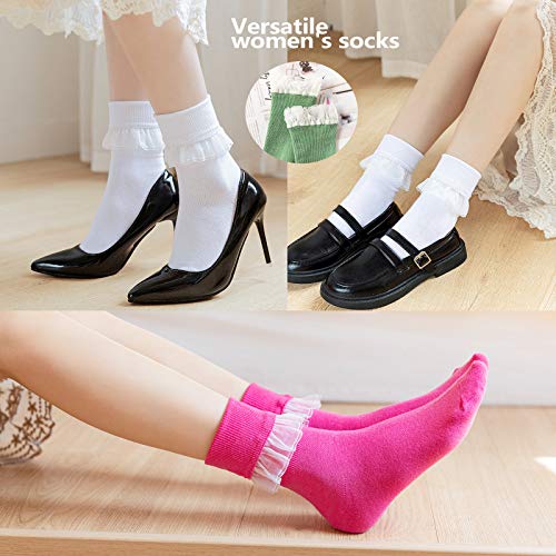 SRYL Women Ankle Socks Lace Turn-Cuff, Cute Ruffle Frilly Comfortable Cotton Socks Ladies Girl Princess,YYS093