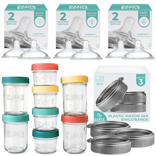 Image of Build Your Own Bottles Bundle | Baby Glass Bottle & Breastmilk Storage Kit | 4oz & 8oz Mason Jars w/Lid + Slow to Fast Flow Nipples (0 to 6+ Months) + Plastic Mason Jar Rings