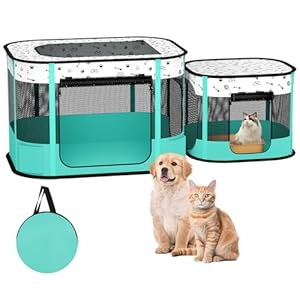 Portable Cat Playpen, 8-Rod Reinforced Kitten Dog Playpens, Foldable Play Pen for Indoor Cats Enclosed Pet Puppy Doggy Outdoor, Collapsible Tent Kennel Cage House(32″x24″x22″)