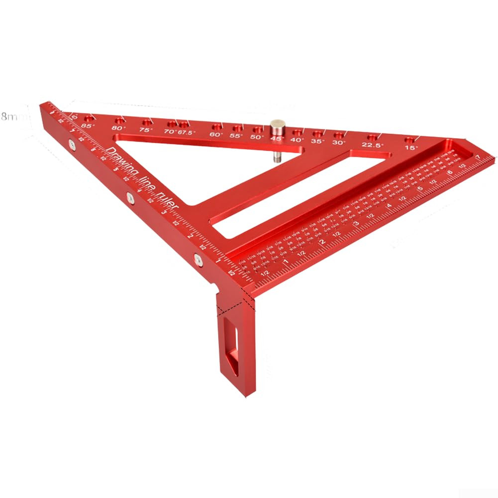 Règle triangulaire en alliage d'aluminium rouge avec fentes de guidage de 15 à 90 degrés