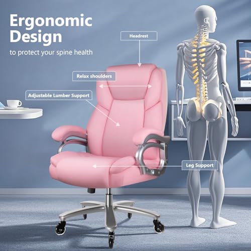 Image of Waleaf 500lbs Big and Tall Office Chair, Heavy Duty Chair for Heavy People, Adjustable Ergonomic Lumbar Support Executive Chair, Large High Back and Quiet Rubber Wheels, Pink