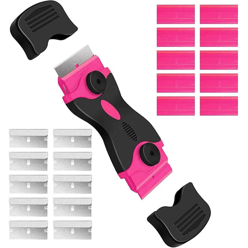 21pcs Razor Blade Scraper, Double Edged Scraping Tool with 10 Pcs Razor Blades, Paint Scraper for Windows, Cleaning, Stickers, Labels, Caulk, Adhesive - Pink