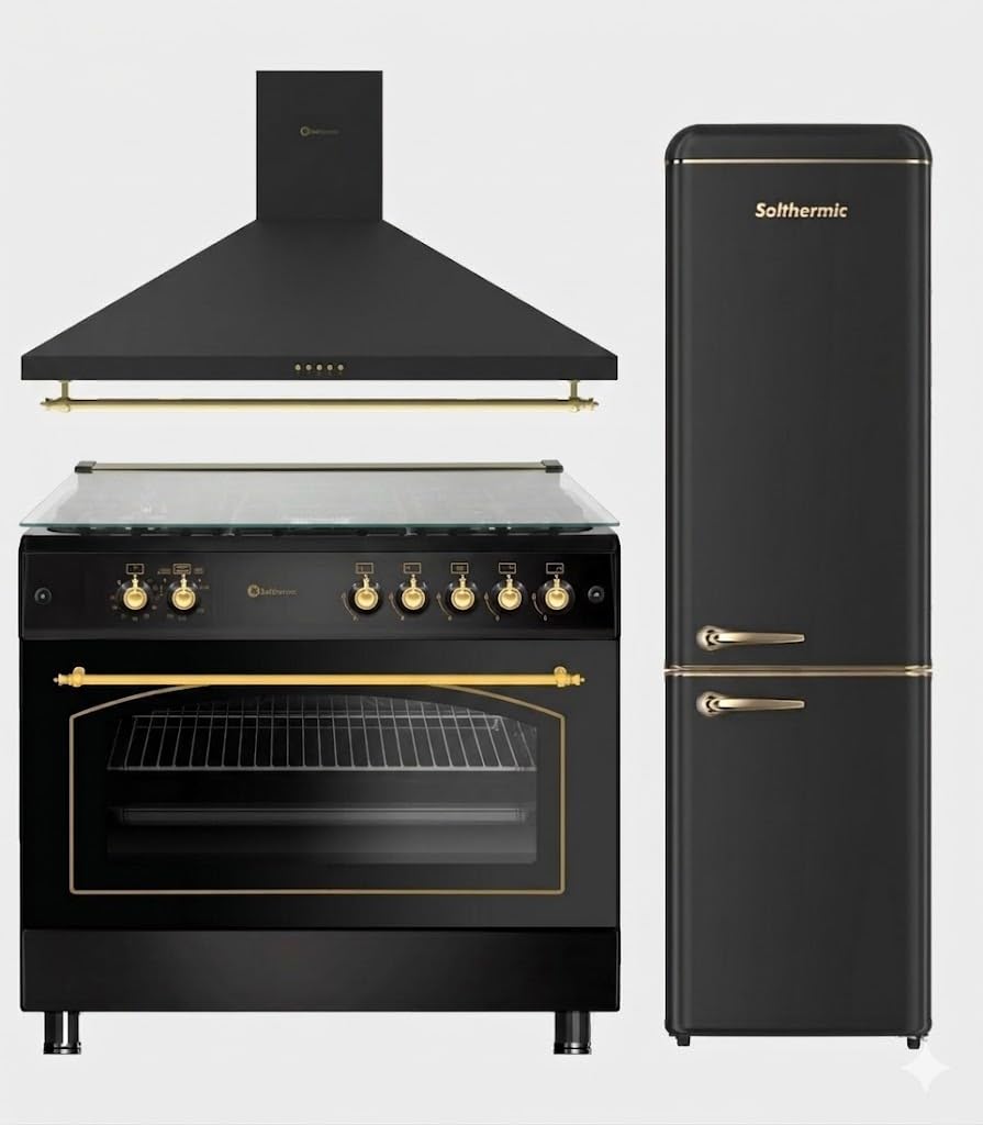 SOLTHERMIC PACK 3 EN 1 COCINA GAS HORNO PANORAMICA (115L) + CAMPANA DECORATIVA A JUEGO 90 CM + COMBI 1,88 X 55 TODO NEGRO RUSTICO Y ACABADOS DORADOS