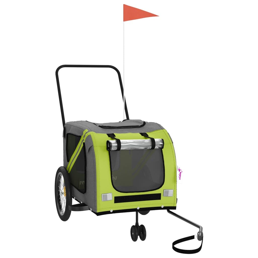 vidaXL Pet Bike Trailer, Pet Cart Carrier for Small Dogs, Pet Bike Trailer with Flag, Dog Bicycle Wagon, Green and Grey Oxford Fabric and Iron