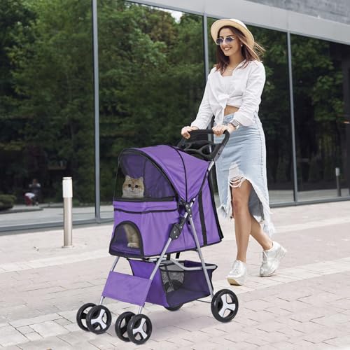 Image of ZENY Foldable Pet Stroller, Cat /Dog Stroller with 4 Wheel, Pet Travel Carrier Strolling Cart with Storage Basket, Cup Holder (Purple)
