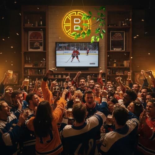 Image of Ice Hockey Neon Sign for Wall Decor Boston Hockey Team Neon Light for Man Cave LED Boston Sport Sign for Club Fans Bedroom Sport Bar Garage Decor Gifts for Men Boys Fans Size14.6 * 14.6inch(XD100)