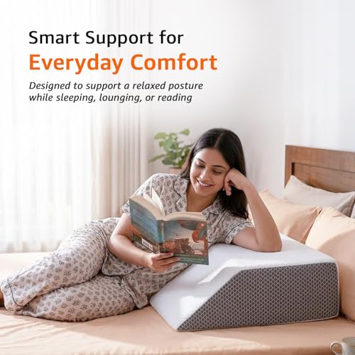 Image of amazon basics Wedge Leg Pillow | High Resilience Super-Soft Foam | Leg, Hip, Thigh & Knee Rest | Generous Size for Both Legs | Washable Cover | 22 x 20 x 7 in | White & Grey